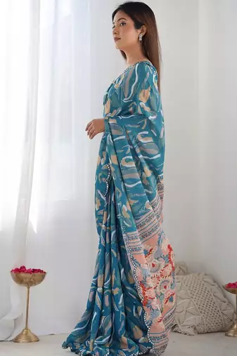 Teal mirror work pure chiffon saree