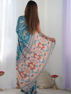 Teal mirror work pure chiffon saree 3