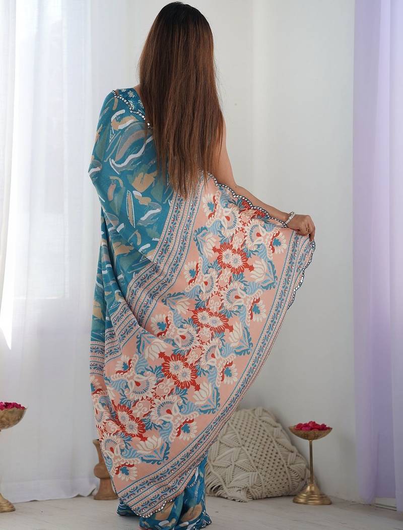 Teal mirror work pure chiffon saree