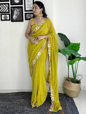 Lime floral embroidered sequinned scallop border saree 1