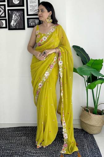Lime floral embroidered sequinned scallop border saree
