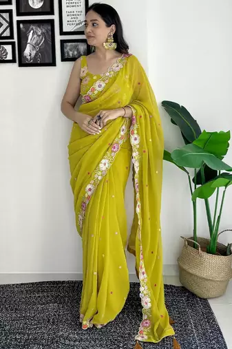 Lime floral embroidered sequinned scallop border saree