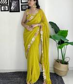 Lime floral embroidered sequinned scallop border saree