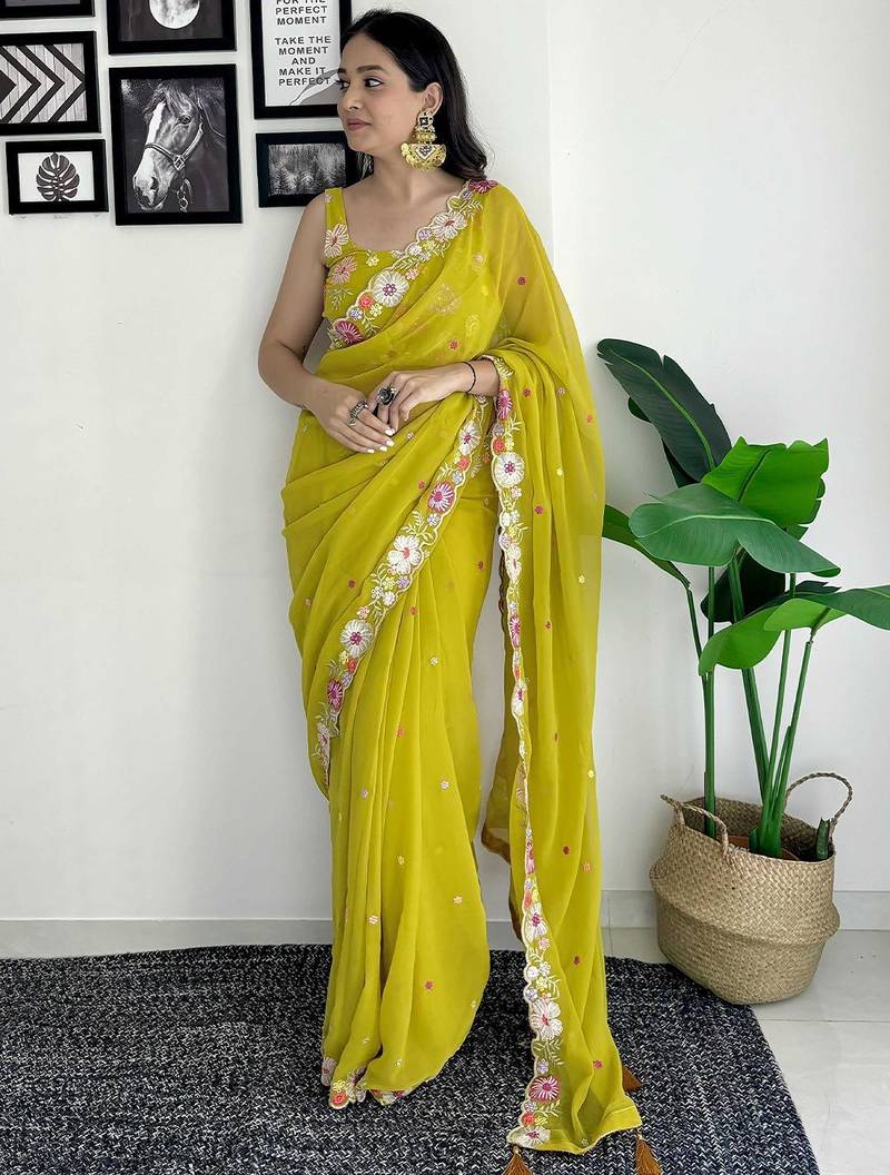 Lime floral embroidered sequinned scallop border saree
