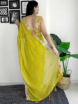 Lime floral embroidered sequinned scallop border saree 2