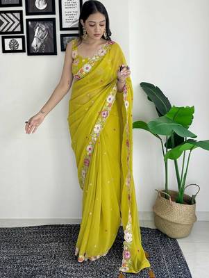Lime floral embroidered sequinned scallop border saree 3