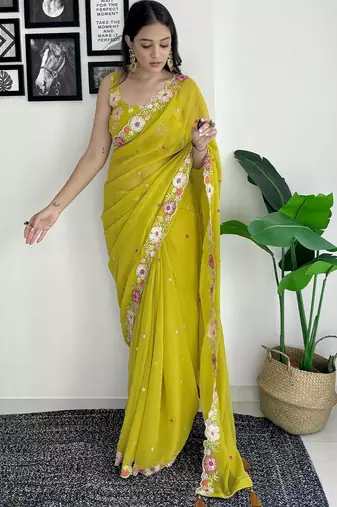 Lime floral embroidered sequinned scallop border saree