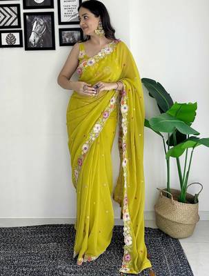 Lime floral embroidered sequinned scallop border saree 4