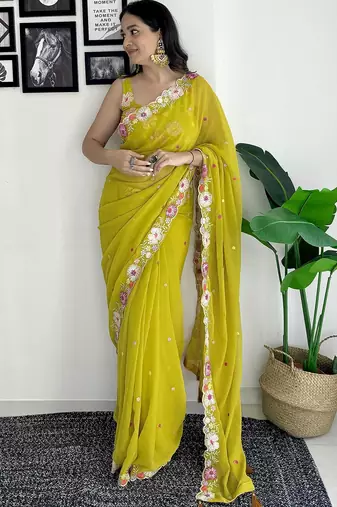 Lime floral embroidered sequinned scallop border saree