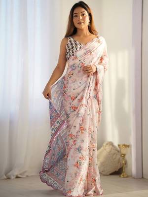 Off white floral sequinned pure chiffon saree 1