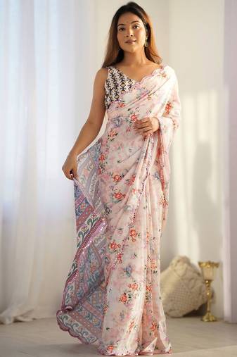 Off white floral sequinned pure chiffon saree