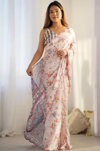 Off white floral sequinned pure chiffon saree