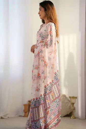 Off white floral sequinned pure chiffon saree