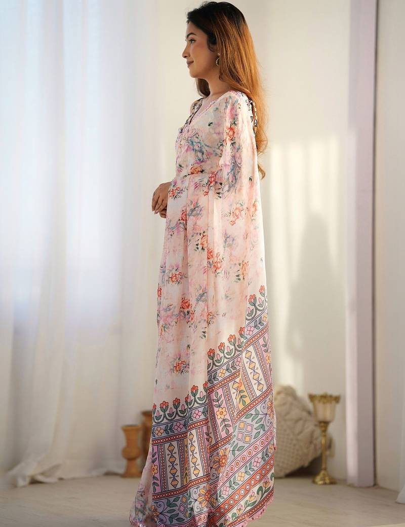 Off white floral sequinned pure chiffon saree