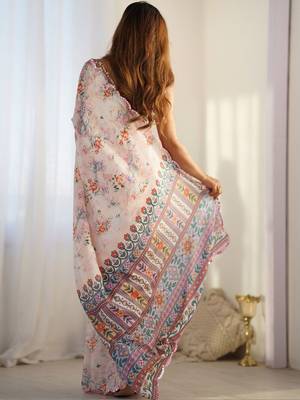 Off white floral sequinned pure chiffon saree 3