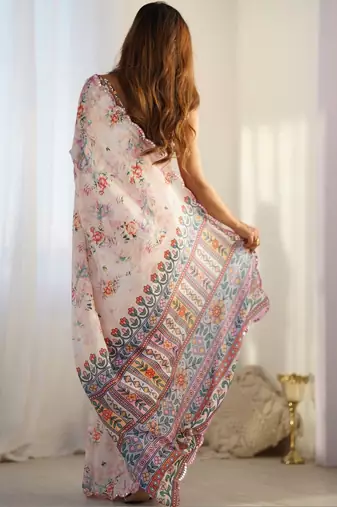 Off white floral sequinned pure chiffon saree