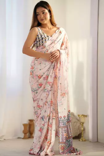 Off white floral sequinned pure chiffon saree