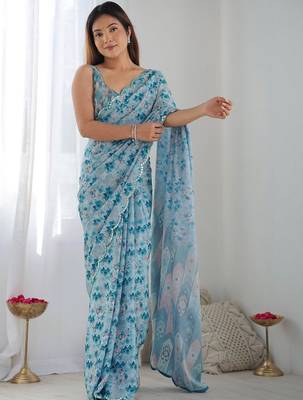 Blue ethnic motifs sequinned pure chiffon ikat saree 1