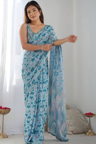Blue ethnic motifs sequinned pure chiffon ikat saree