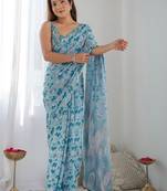 Blue ethnic motifs sequinned pure chiffon ikat saree