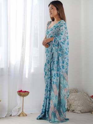 Blue ethnic motifs sequinned pure chiffon ikat saree 2