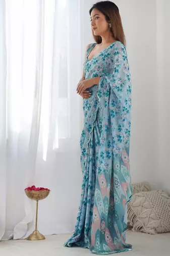 Blue ethnic motifs sequinned pure chiffon ikat saree