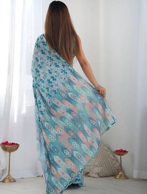 Blue ethnic motifs sequinned pure chiffon ikat saree 3