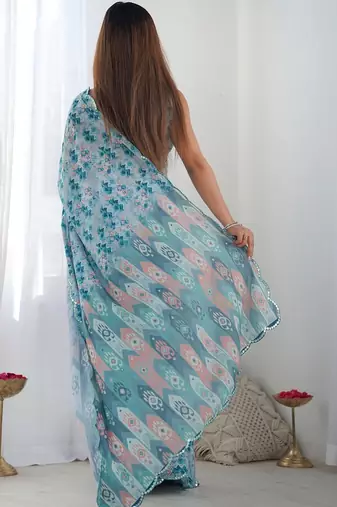 Blue ethnic motifs sequinned pure chiffon ikat saree