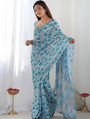 Blue ethnic motifs sequinned pure chiffon ikat saree 4