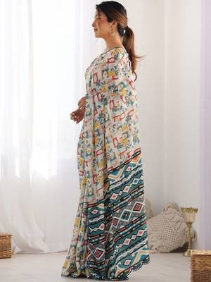 Off white mirror work pure chiffon saree 1