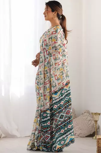 Off white mirror work pure chiffon saree