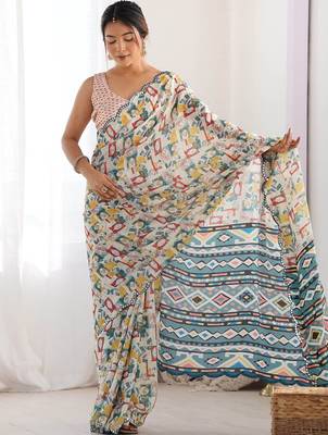Off white mirror work pure chiffon saree 2