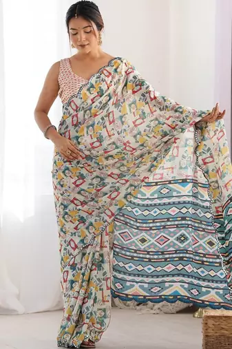 Off white mirror work pure chiffon saree