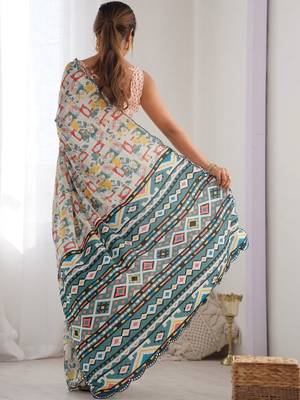 Off white mirror work pure chiffon saree 3
