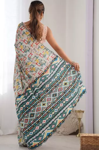 Off white mirror work pure chiffon saree
