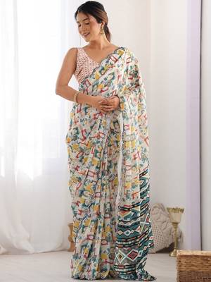 Off white mirror work pure chiffon saree 4