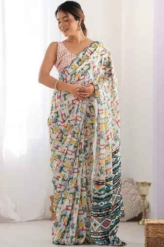 Off white mirror work pure chiffon saree