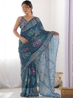 Teal ethnic motifs mirror work pure chiffon saree 1