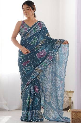 Teal ethnic motifs mirror work pure chiffon saree