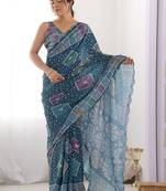 Teal ethnic motifs mirror work pure chiffon saree