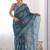 Teal ethnic motifs mirror work pure chiffon saree