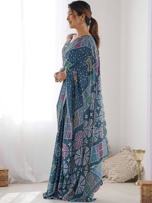 Teal ethnic motifs mirror work pure chiffon saree 2