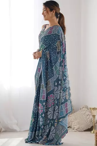 Teal ethnic motifs mirror work pure chiffon saree
