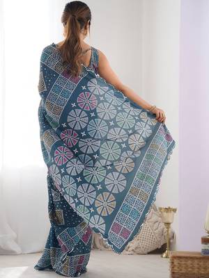 Teal ethnic motifs mirror work pure chiffon saree 3