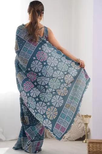 Teal ethnic motifs mirror work pure chiffon saree