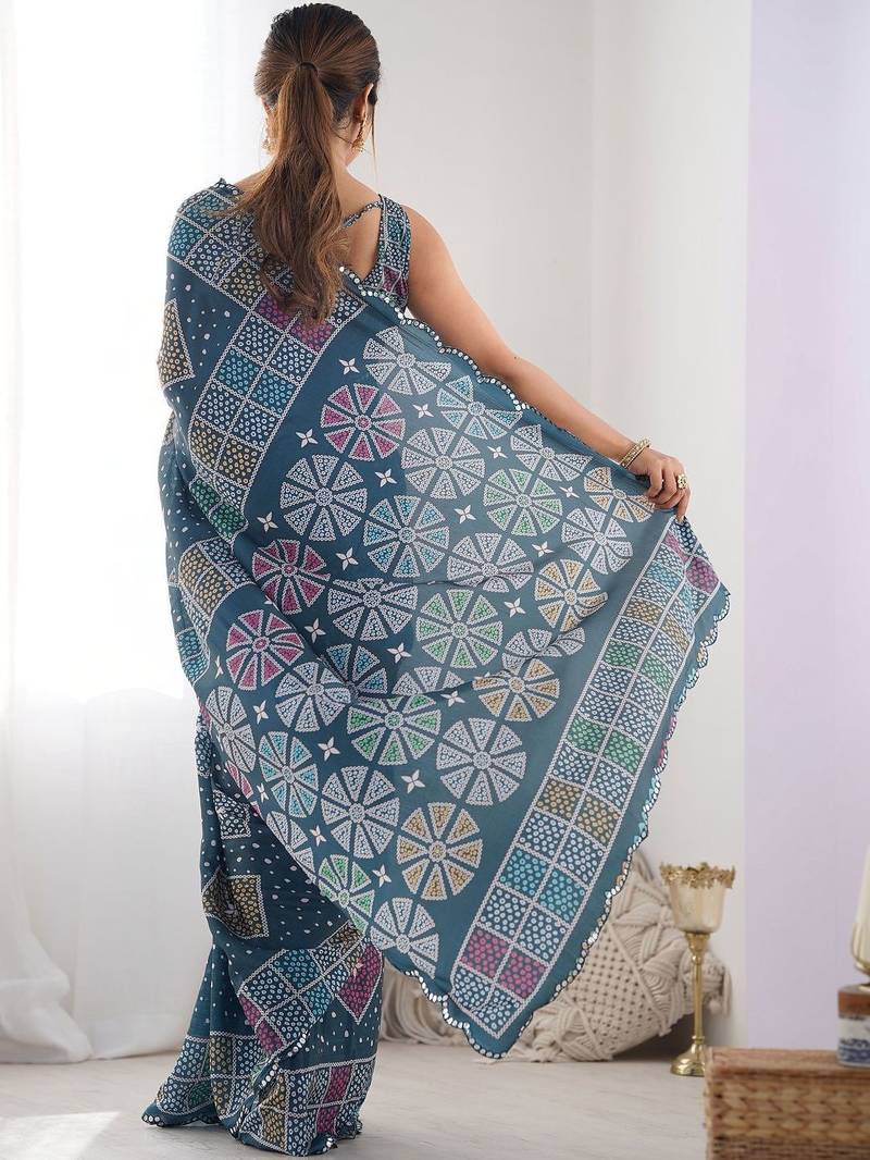 Teal ethnic motifs mirror work pure chiffon saree