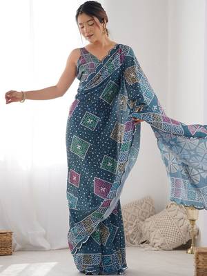 Teal ethnic motifs mirror work pure chiffon saree 4