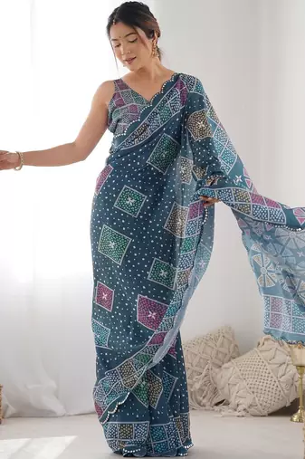 Teal ethnic motifs mirror work pure chiffon saree