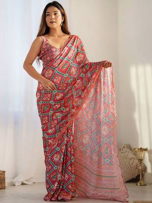 Red ethnic motifs mirror work pure chiffon ikat saree 1