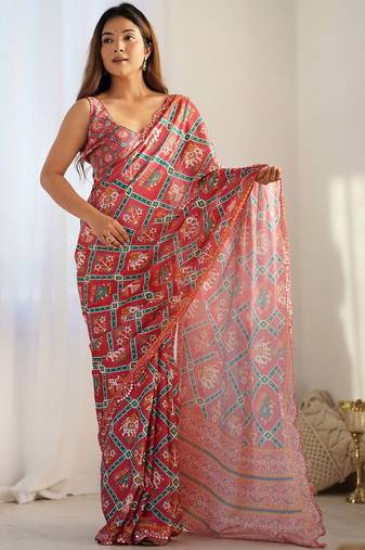 Red ethnic motifs mirror work pure chiffon ikat saree